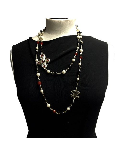 Sautoir CHANEL doré et perles multicolores