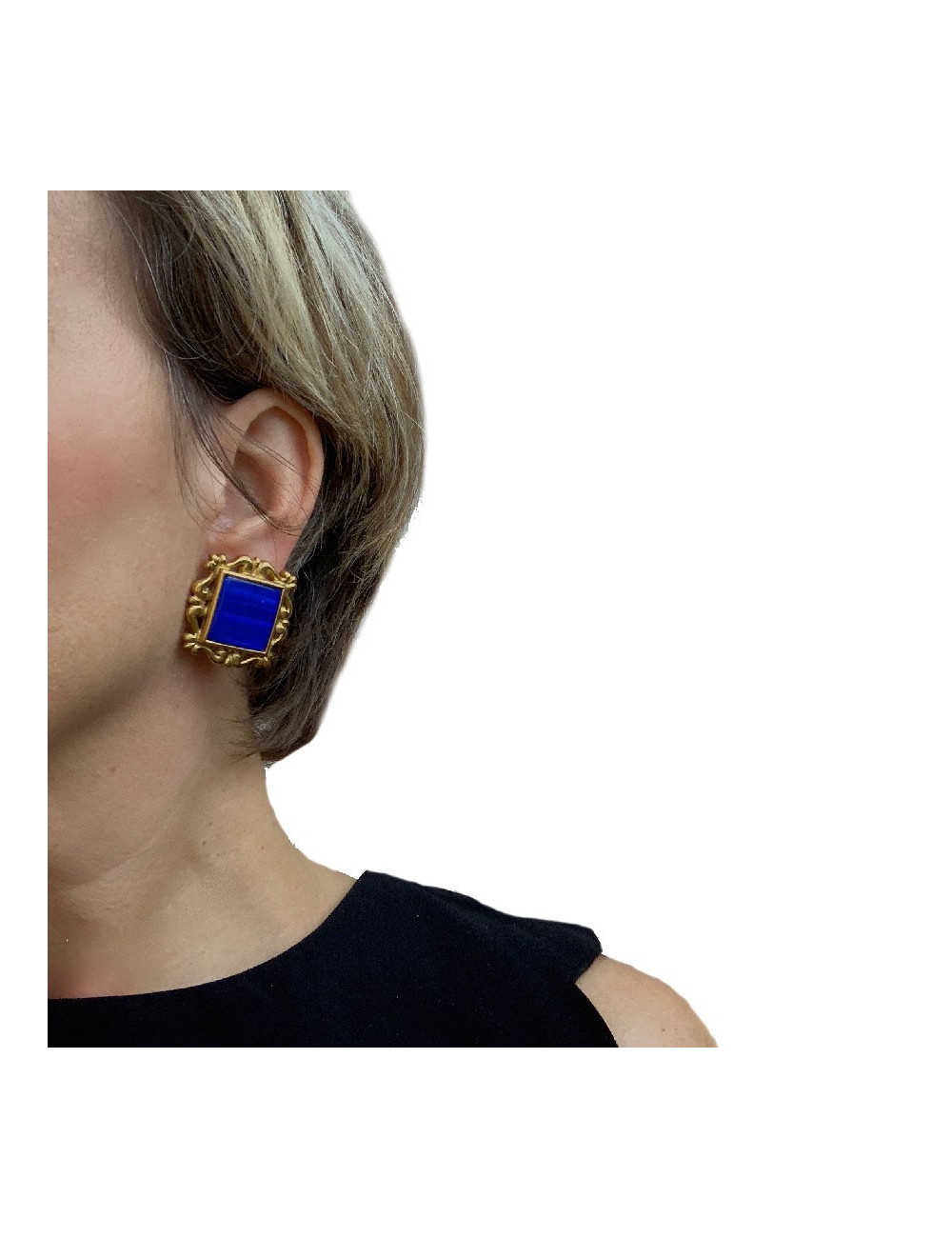 Boucles d'oreille clips YSL SAINT LAURENT en métal doré et résine bleue