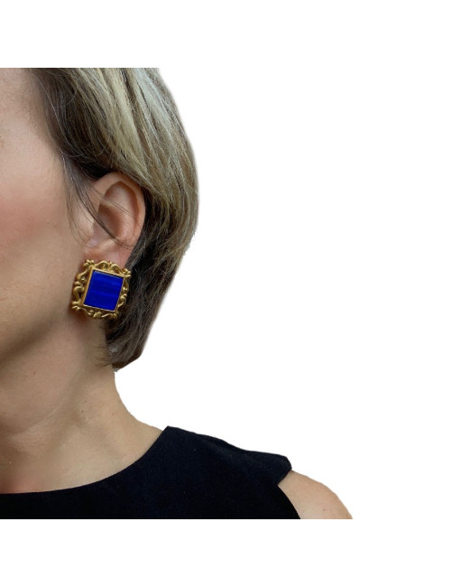 Boucles d'oreille clips YSL SAINT LAURENT en métal doré et résine bleue