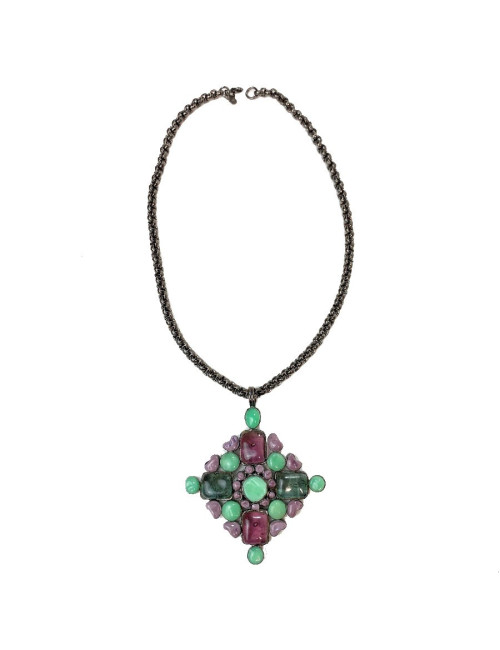 Collier MARGUERITE DE VALOIS pendentif en pâte de verre multicolore