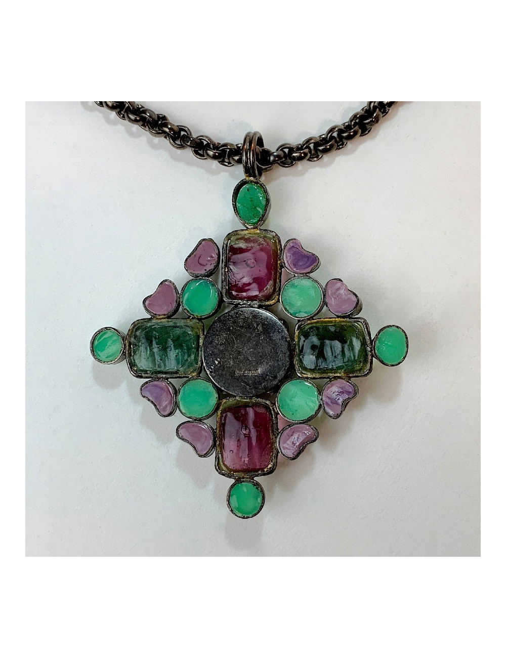 Collier MARGUERITE DE VALOIS pendentif en pâte de verre multicolore