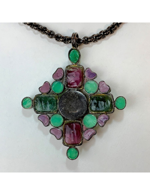 Collier MARGUERITE DE VALOIS pendentif en pâte de verre multicolore