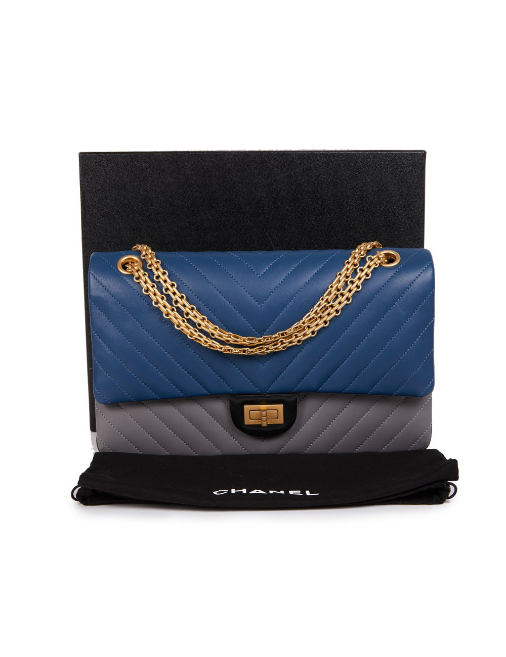 Sac CHANEL 2.55 chevron cuir tricolore bleu gris noir
