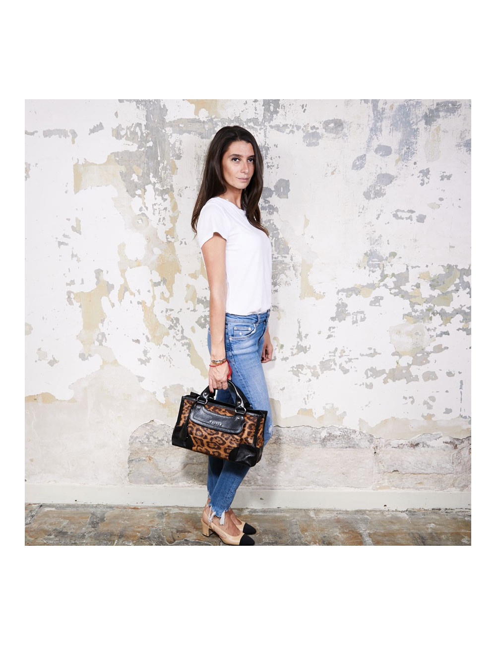 Sac CELINE cuir noir et poulain imprimé girafe marron