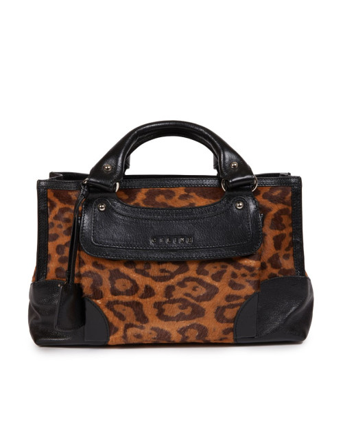 Sac CELINE cuir noir et poulain imprimé girafe marron