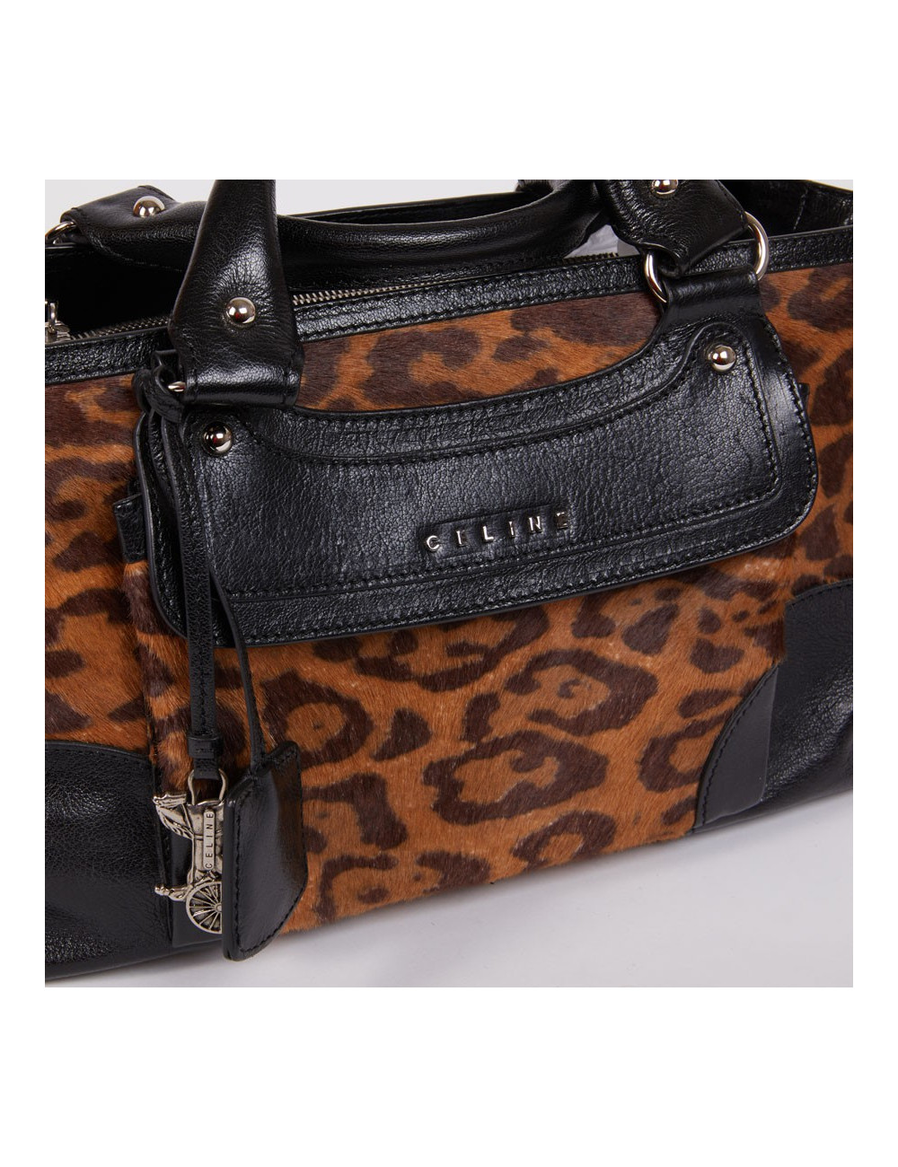 Sac CELINE cuir noir et poulain imprimé girafe marron