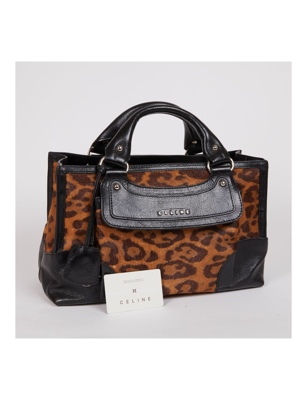 Sac CELINE cuir noir et poulain imprimé girafe marron