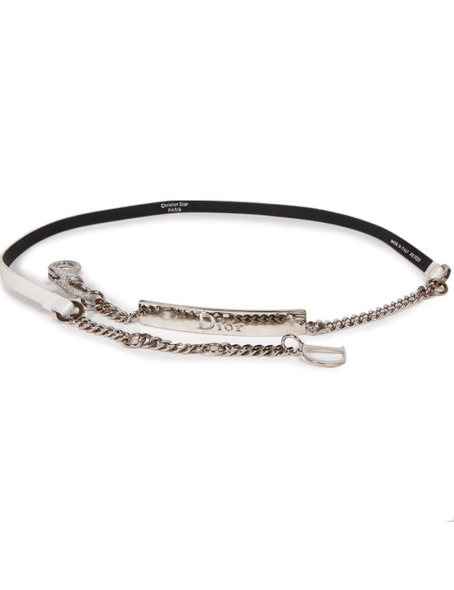 Ceinture CHRISTIAN DIOR T 90 cuir blanc mousqueton strass argent