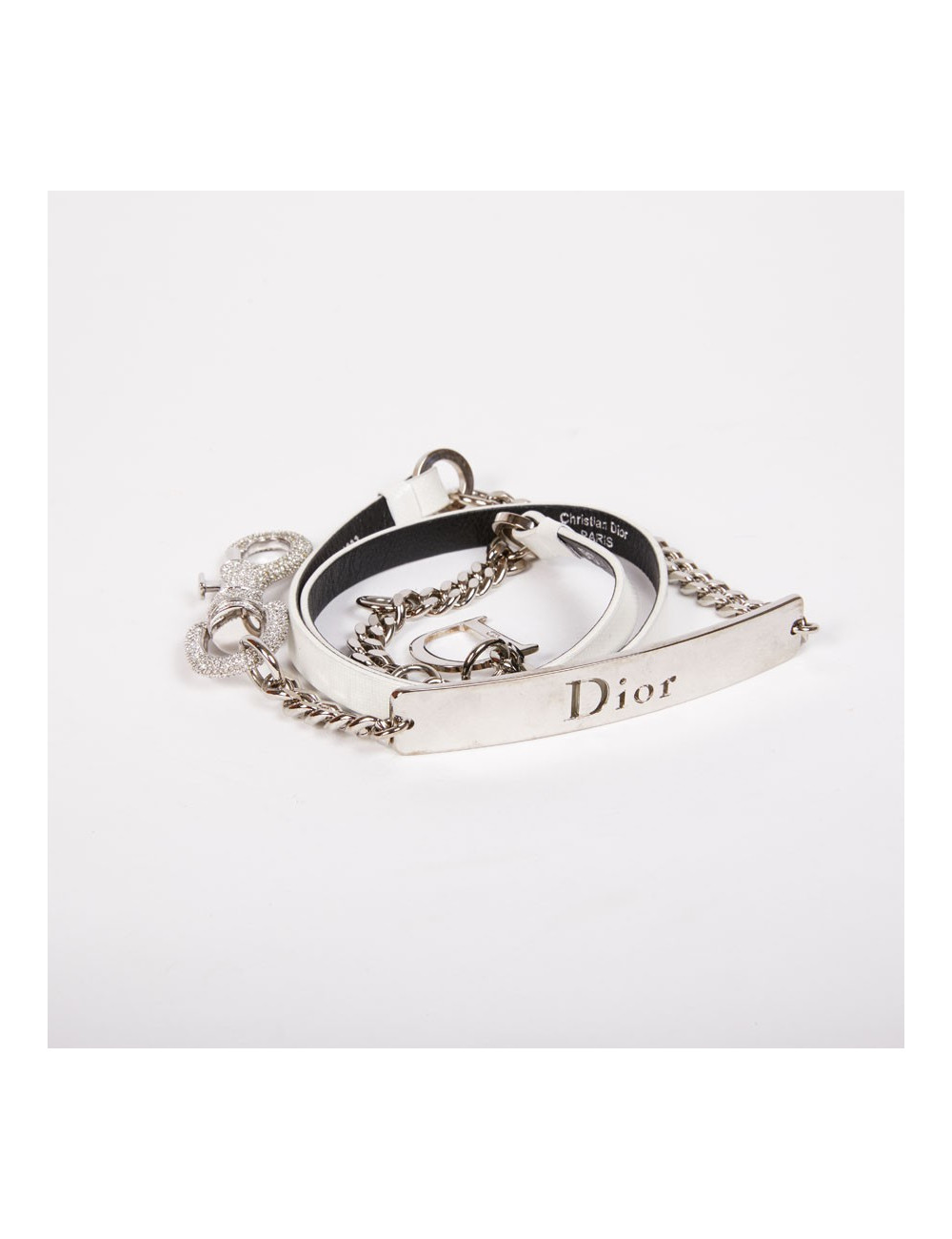 Ceinture CHRISTIAN DIOR T 90 cuir blanc mousqueton strass argent