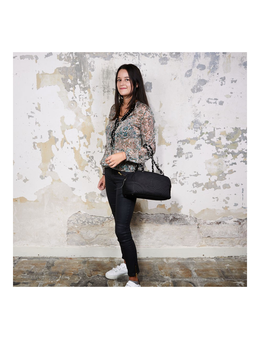 Sac CHANEL bowling en tissu jersey noir