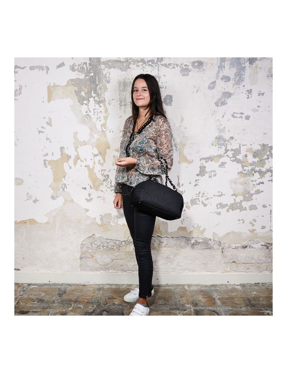 Sac CHANEL bowling en tissu jersey noir