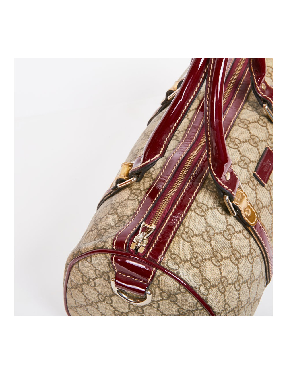 Sac GUCCI toile monogrammée et cuir verni bordeaux et doré