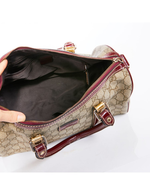 Sac GUCCI toile monogrammée et cuir verni bordeaux et doré