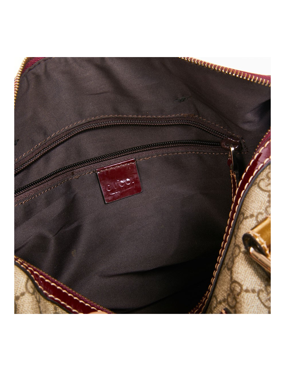 Sac GUCCI toile monogrammée et cuir verni bordeaux et doré