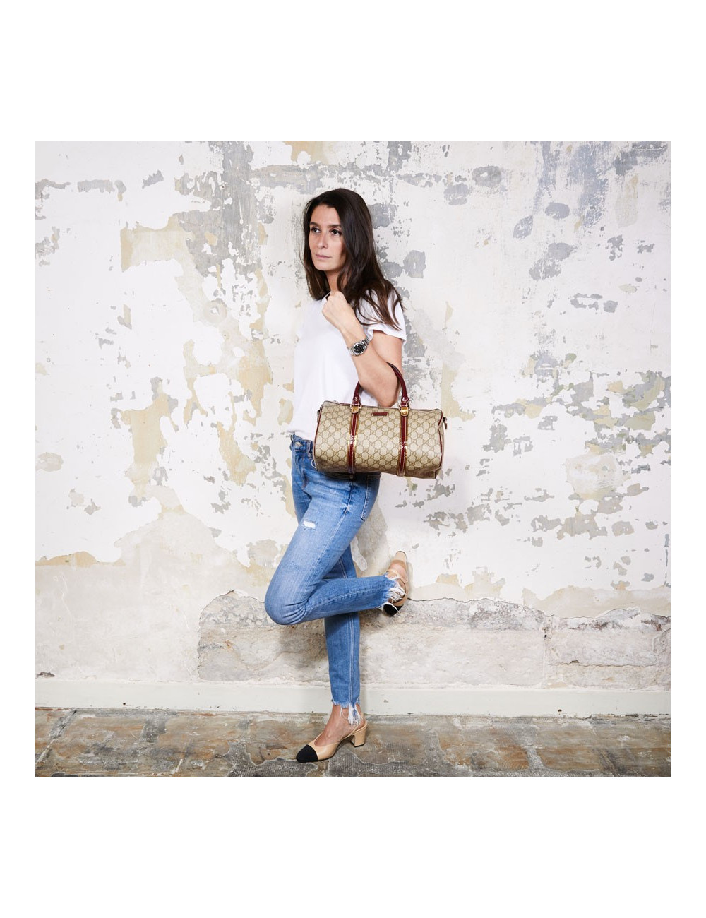 Sac GUCCI toile monogrammée et cuir verni bordeaux et doré