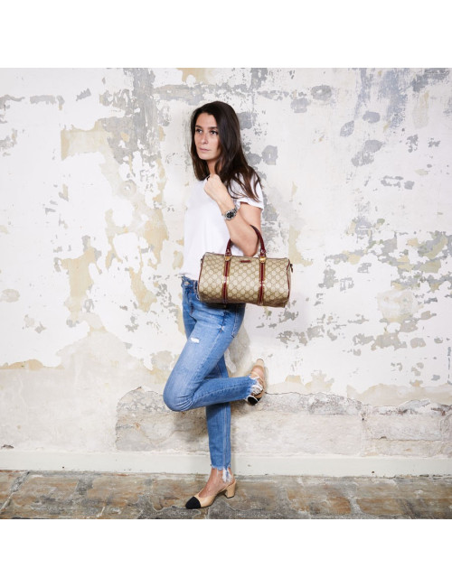 Sac GUCCI toile monogrammée et cuir verni bordeaux et doré