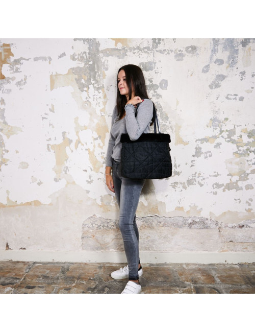 Sac toile monogramme CHRISTIAN DIOR fausse fourrure