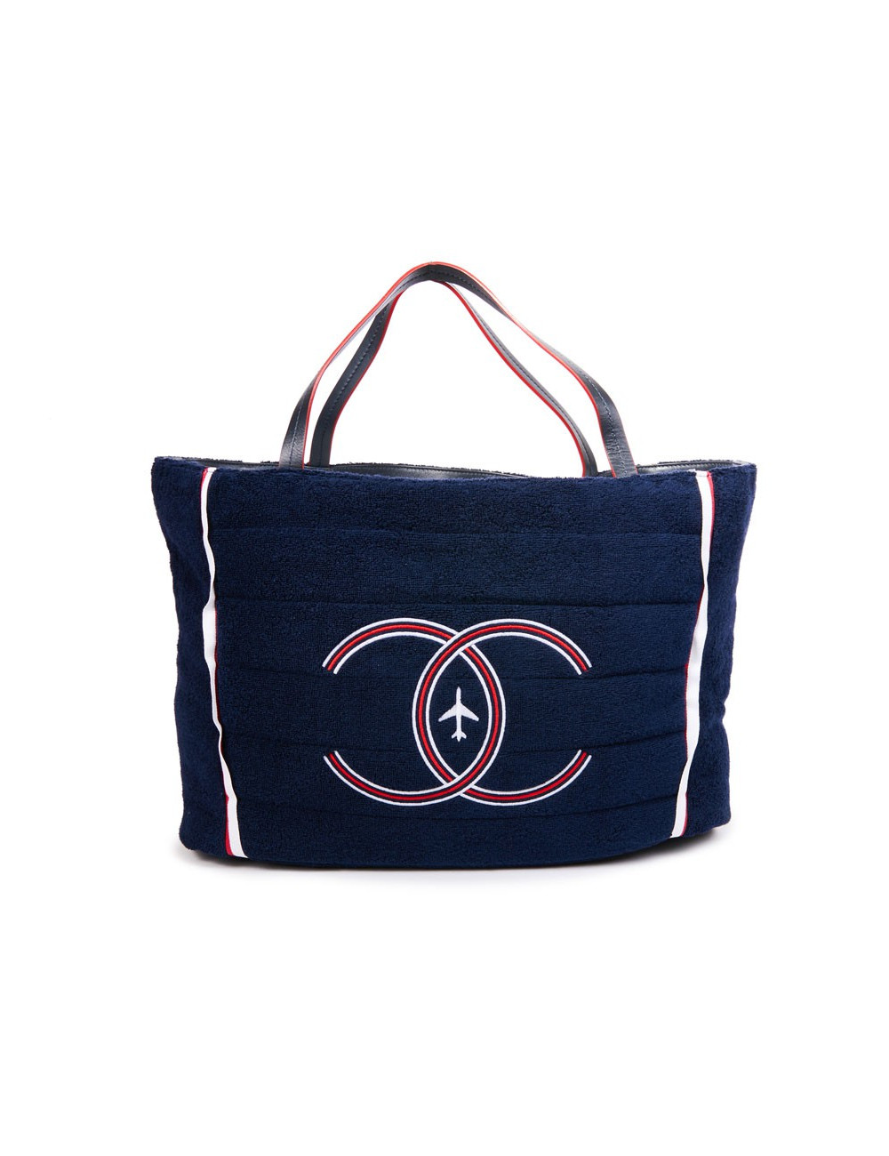 Sac de plage "Airlines" CHANEL argenté et bleu marine