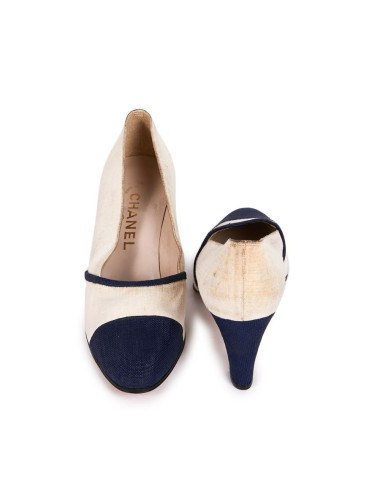Escarpins T38 Chanel bi-matières bleu et blanc