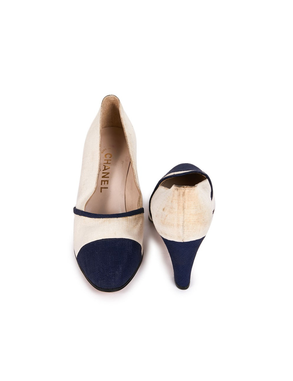Escarpins T38 Chanel bi-matières bleu et blanc