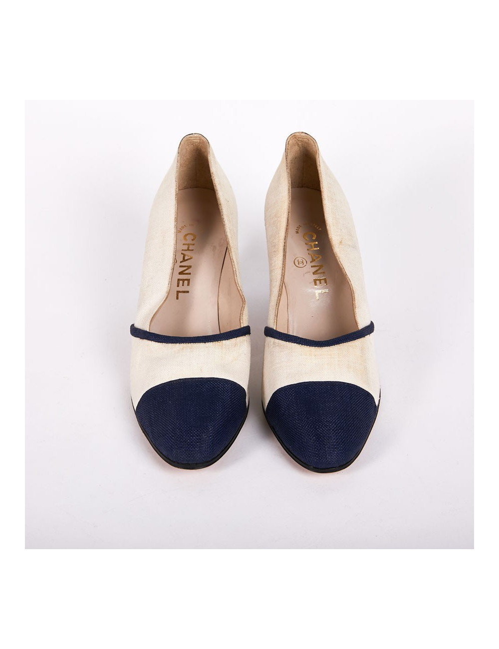 Escarpins T38 Chanel bi-matières bleu et blanc
