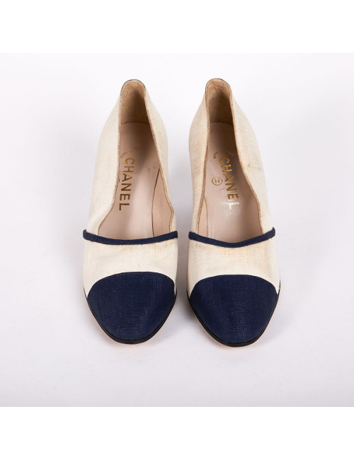 Escarpins T38 Chanel bi-matières bleu et blanc