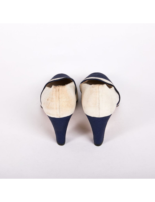 Escarpins T38 Chanel bi-matières bleu et blanc