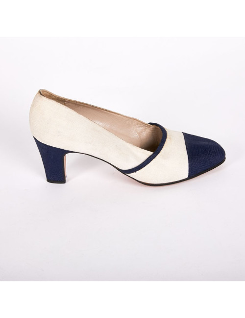 Escarpins T38 Chanel bi-matières bleu et blanc