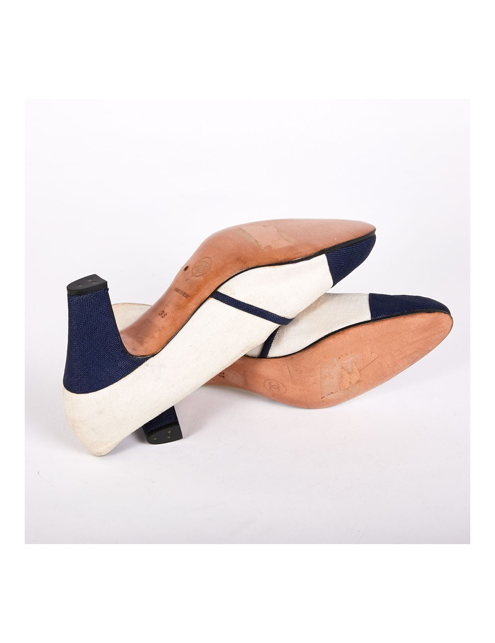 Escarpins T38 Chanel bi-matières bleu et blanc
