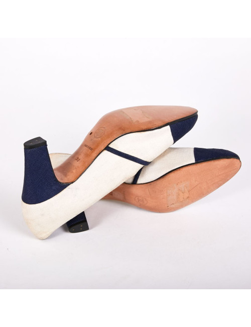 Escarpins T38 Chanel bi-matières bleu et blanc