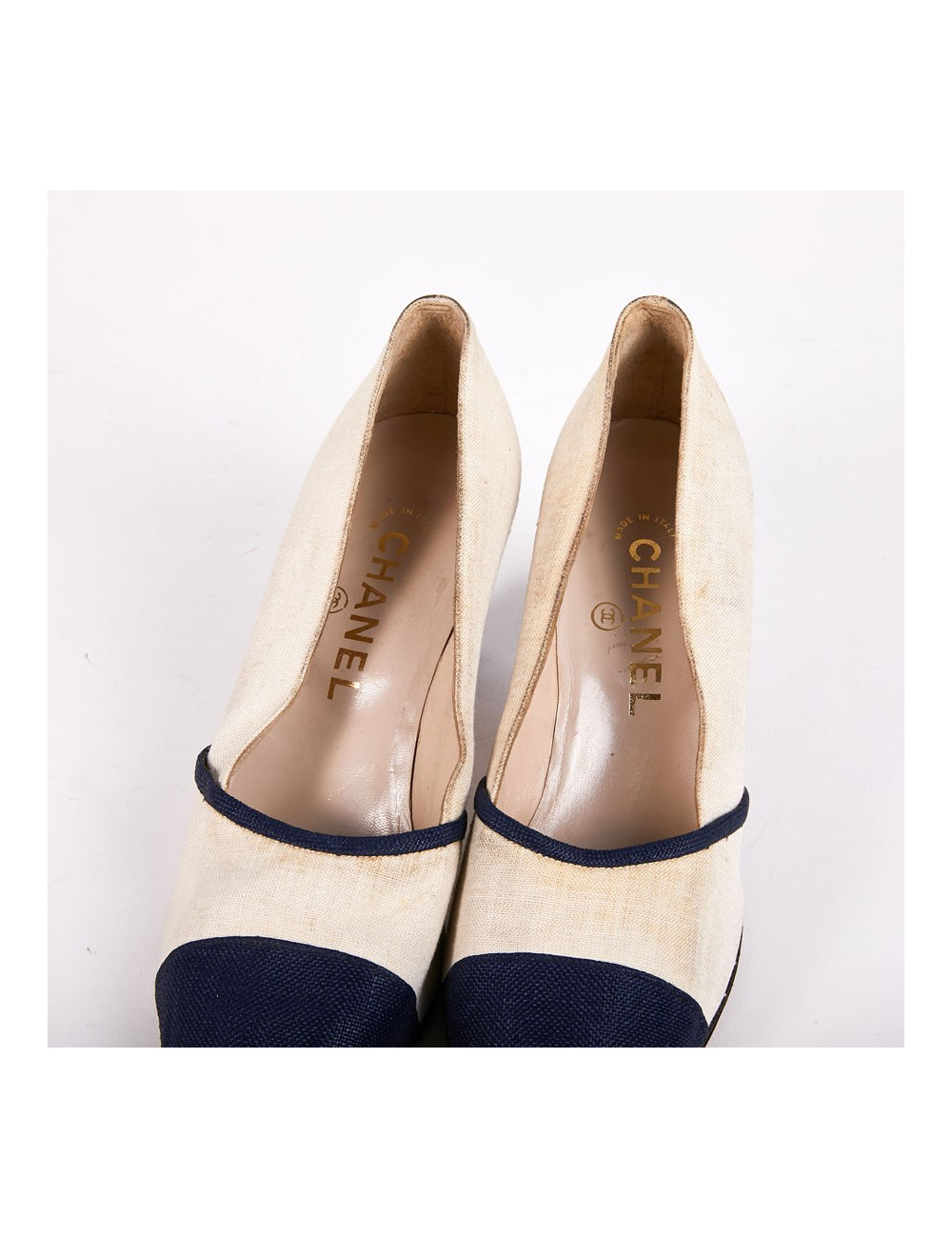 Escarpins T38 Chanel bi-matières bleu et blanc