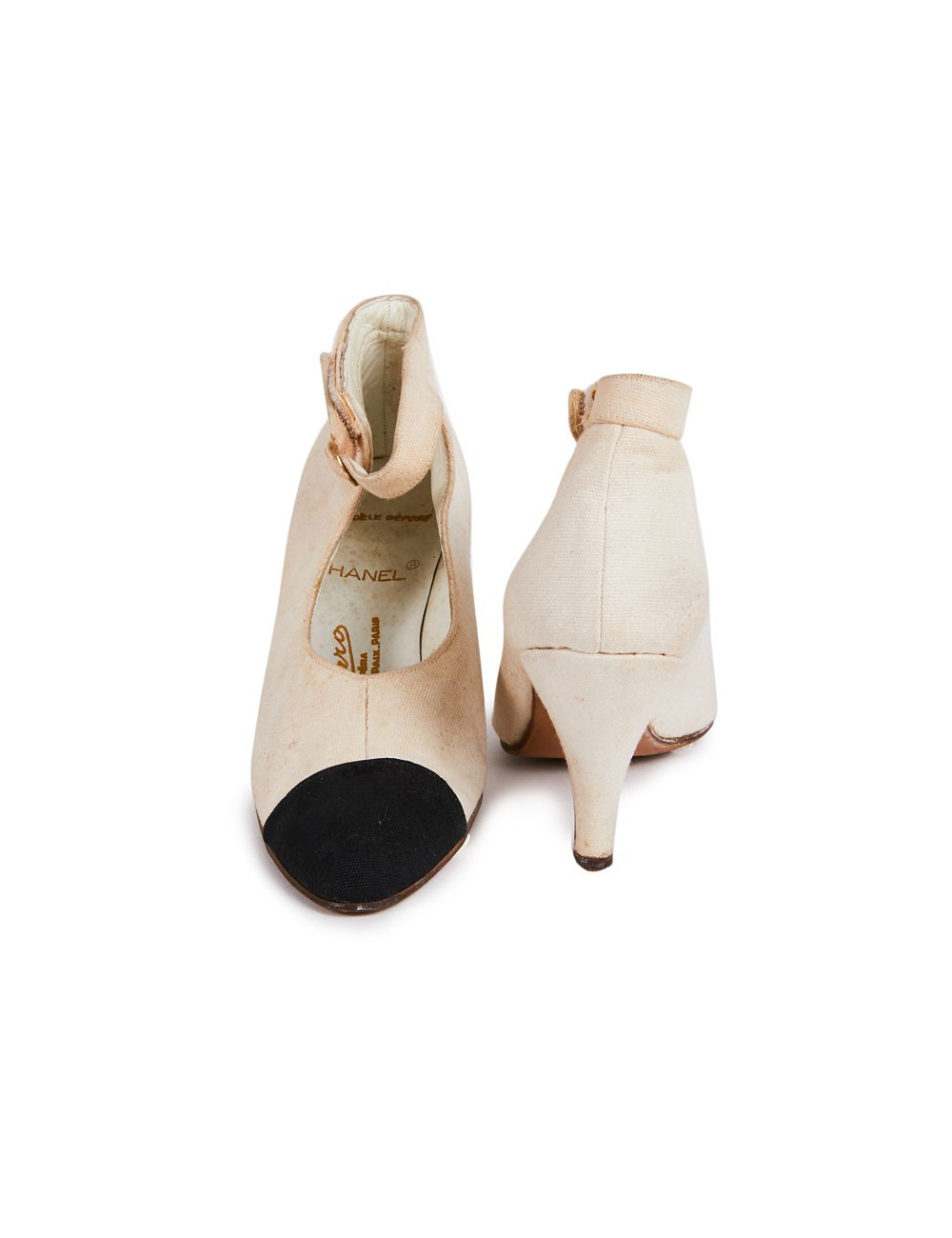 Escarpins Chanel T39 en toile de paille beige et noir