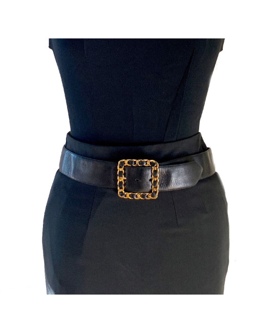 Ceinture CHANEL Vintage boucle chaine dorée entrelacée de cuir noir