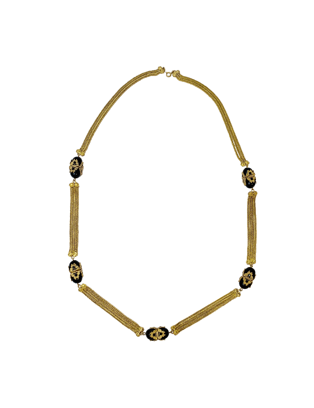 Sautoir chaines dorées et perles noires