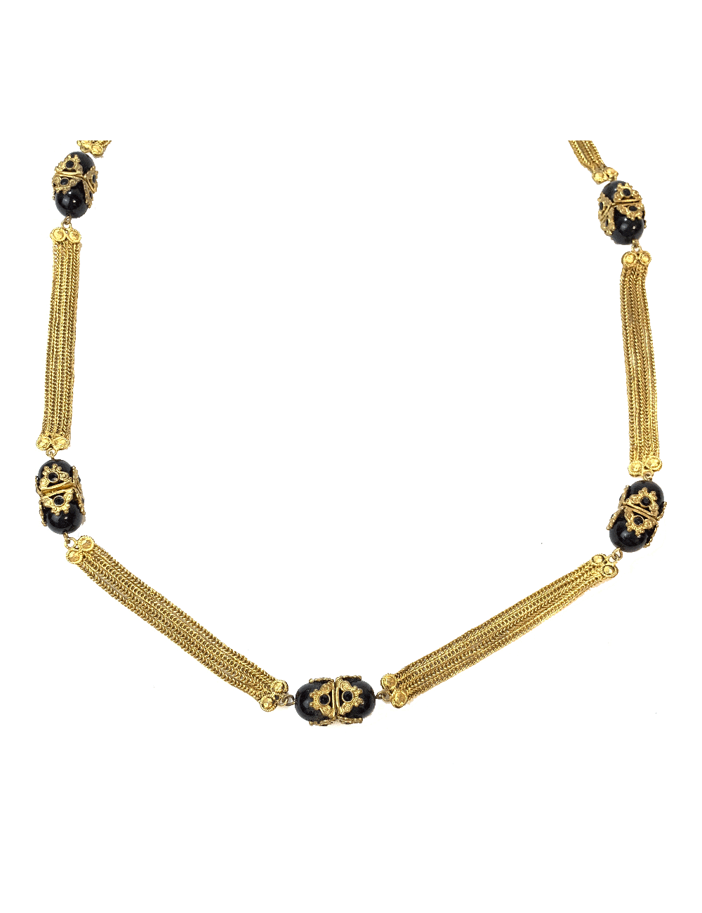 Sautoir chaines dorées et perles noires