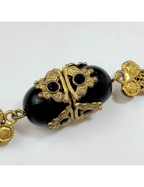 Sautoir chaines dorées et perles noires