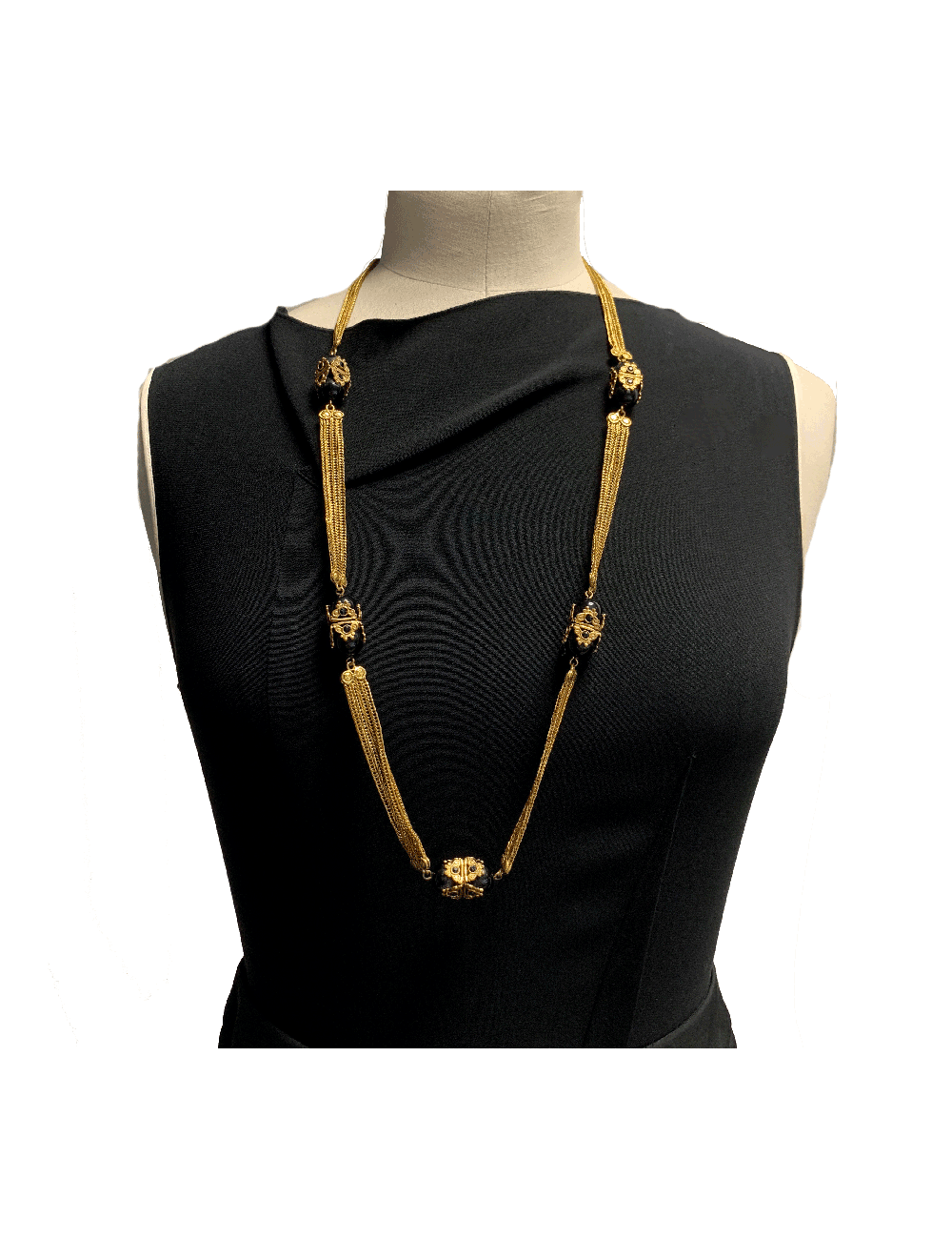 Sautoir chaines dorées et perles noires