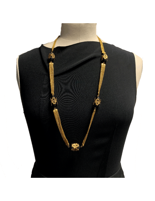 Sautoir chaines dorées et perles noires