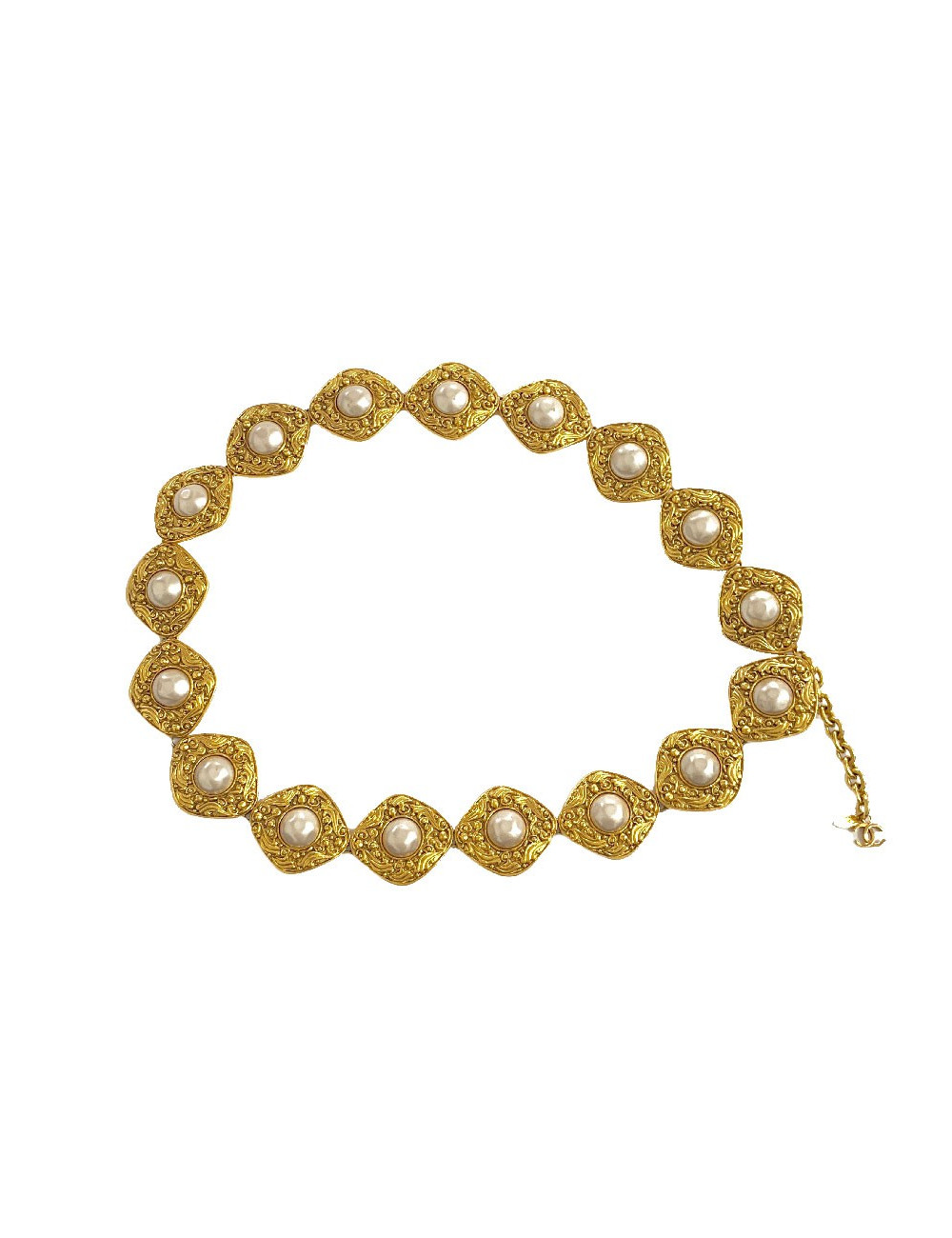 CHANEL Vintage gilded metal and pearly beads belt