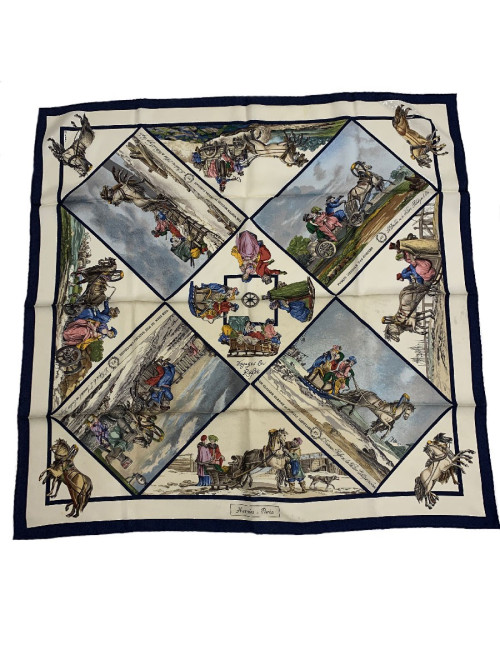 Carré HERMES Voyage en Russie soie beige et marine