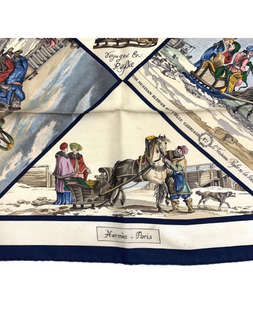 Carré HERMES Voyage en Russie soie beige et marine