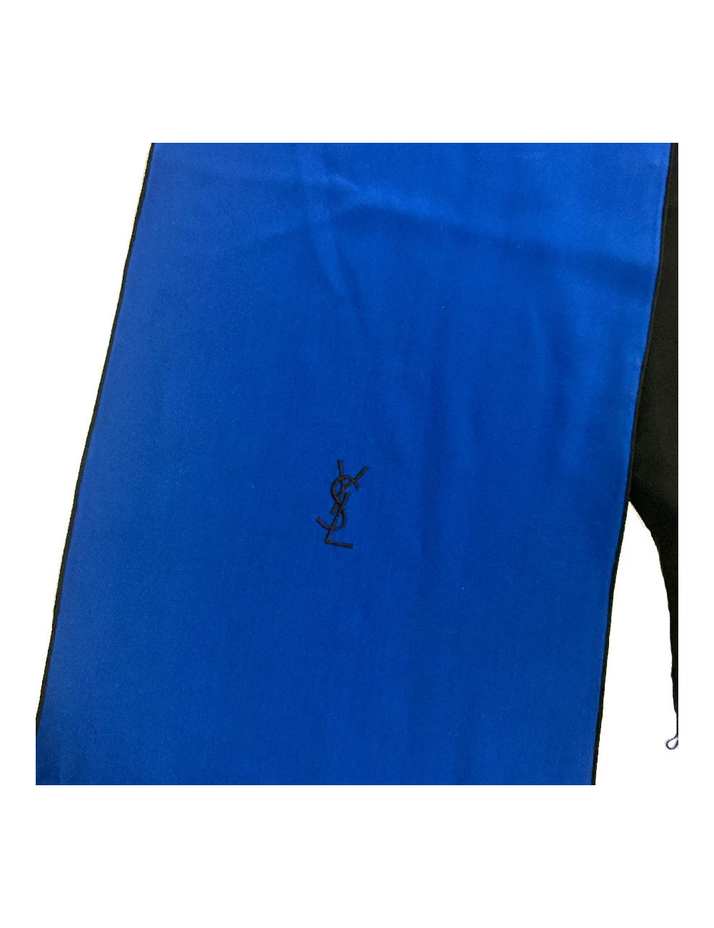 Echarpe YVES SAINT LAURENT vintage en soie bleu électrique et noire franges