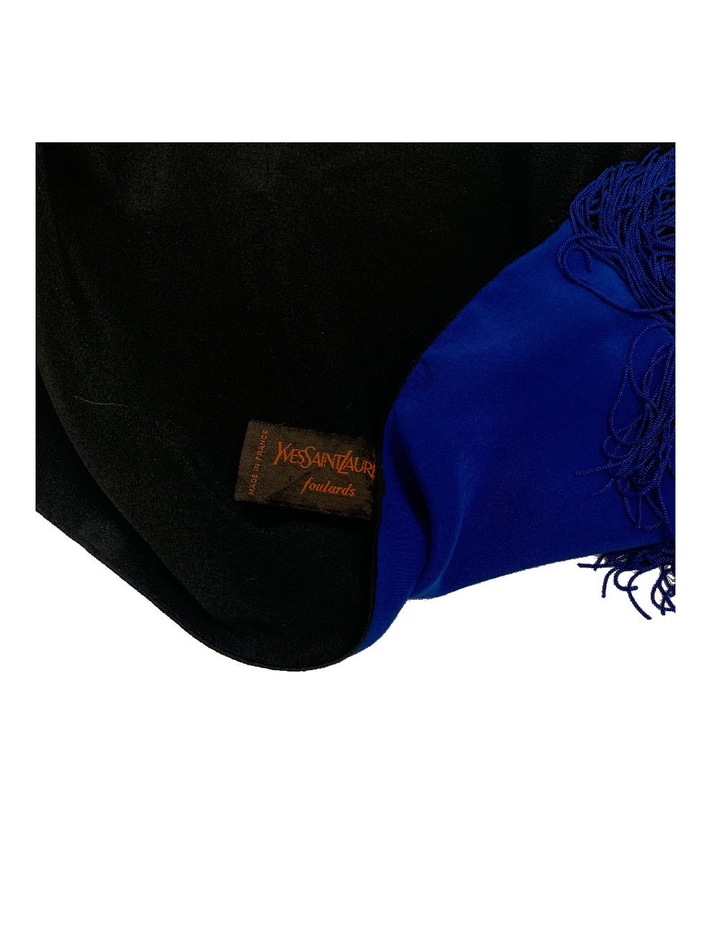Echarpe YVES SAINT LAURENT vintage en soie bleu électrique et noire franges