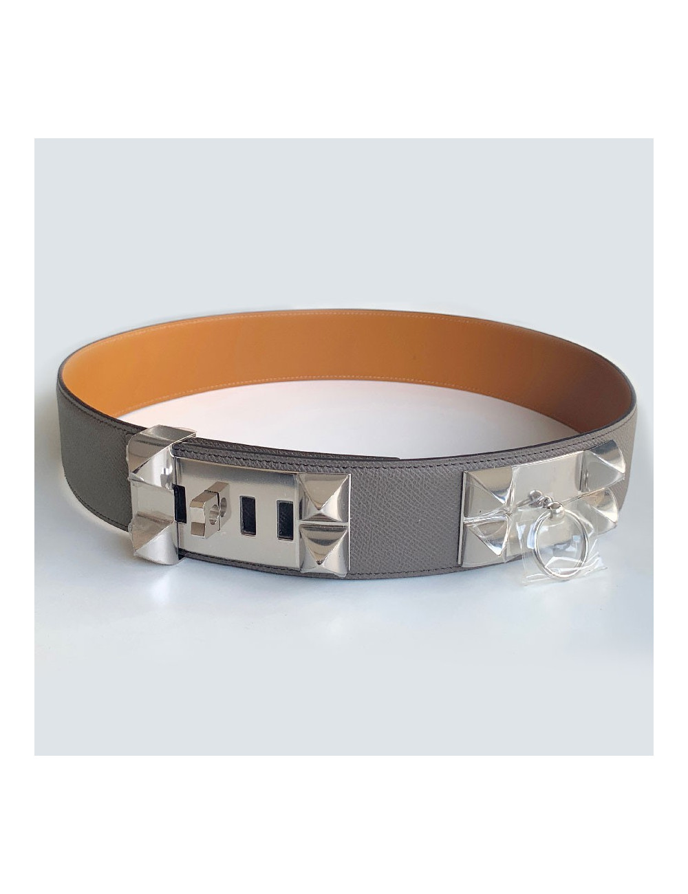 Ceinture HERMES collier de chien étain en cuir epsom 