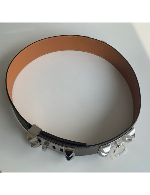 Ceinture HERMES collier de chien étain en cuir epsom 