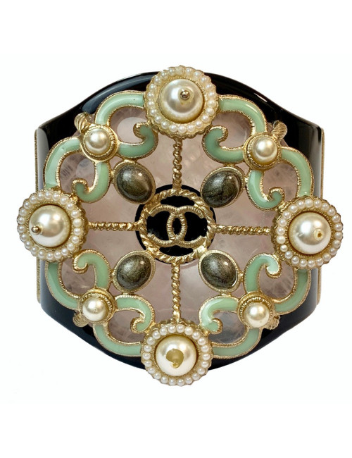  Manchette CHANEL résine noire, verre et perles