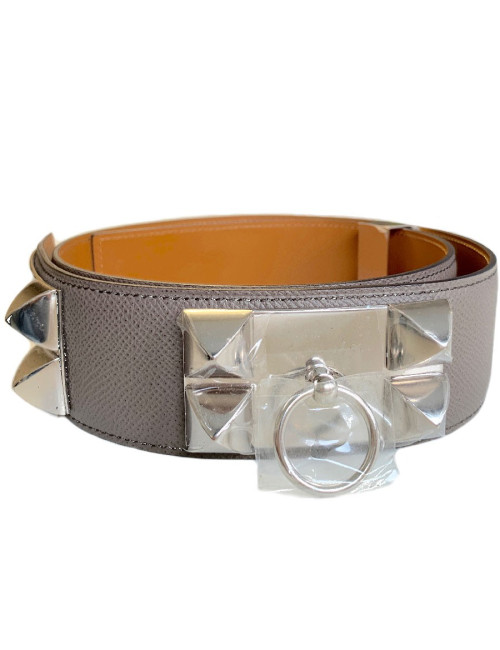 Ceinture HERMES collier de chien étain en cuir epsom 