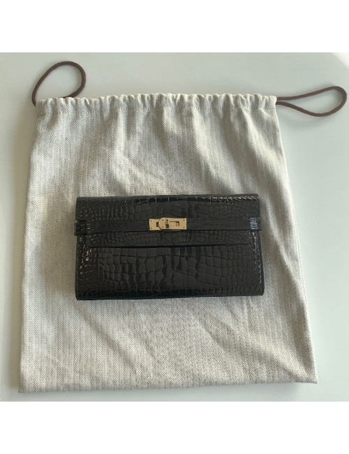 Portefeuille kelly HERMES alligator noir brillant
