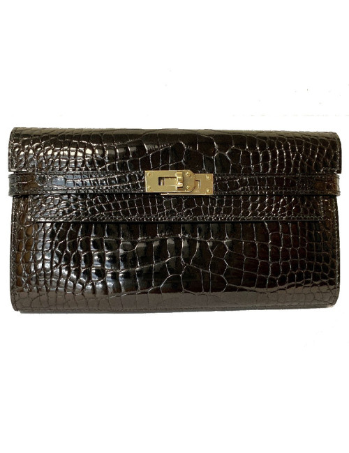 Portefeuille kelly HERMES alligator noir brillant