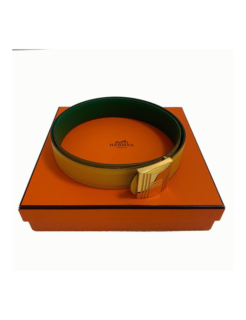 Ceinture T 84  HERMES réversible cuir epsom vert et jaune